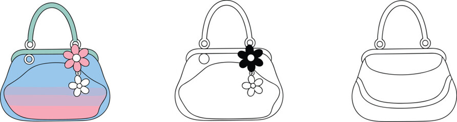 Cute Cartoon Handbag with Floral Charms, Stylish Women's Fashion Accessory, Playful Designer Purse, Adorable Ladies' Bag, Colorful Vector Illustration, Trendy Everyday Carryall.