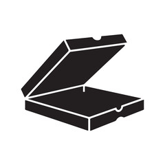 A black and white icon design illustration of a pizza box slightly open