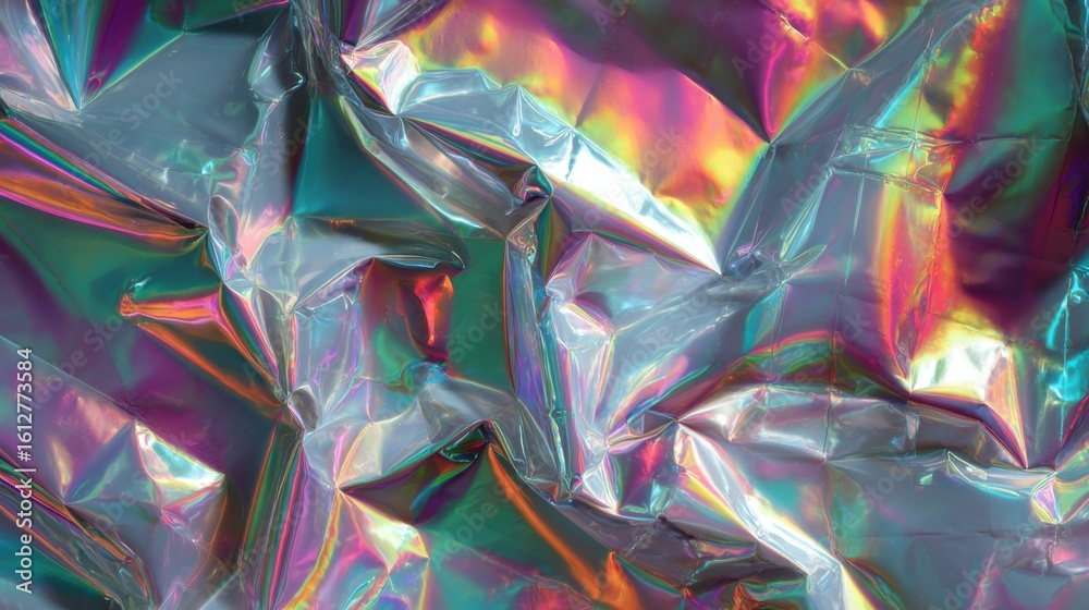 Poster an intricate arrangement of wrinkled foil reflects a spectrum of colors, creating a visually strikin
