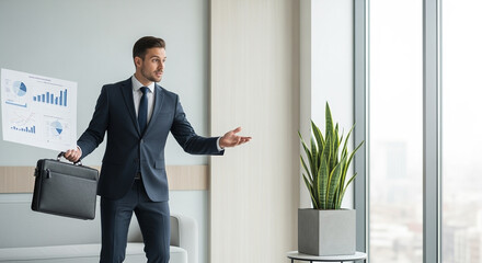 Confident businessman presents financial data while holding a briefcase in a modern setting.