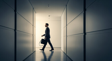 A businessman strides confidently down a modern corridor, briefcase in hand, toward a bright light at the end.