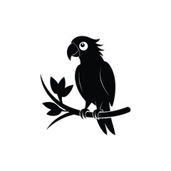  Cute Black Parrot Silhouette on Branch - Tropical Bird Vector Icon
