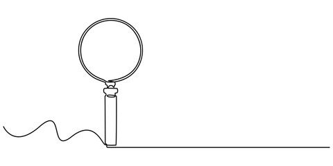 Magnifying Glass Continuous Line Icon, Black magnifying glass in one line art style. Magnifying glass drawing with editable stroke on white background. Vector illustration, minimalism design, Research