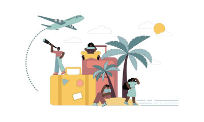 Flight delay, flight canceled, stuck on an island, shipwreck, lost, search for a way, foreign country. Flat vector illustration