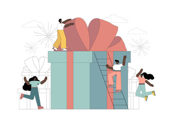 Gift box concept. People are happy to receive a gift. Vector flat illustration