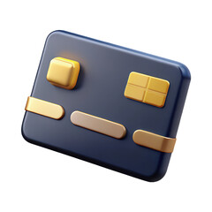 A realistic 3d render of a dark blue credit or debit card with gold chip and magnetic stripe isolated on transparent background