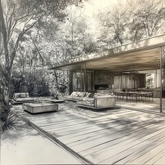 Monochrome modern house, lush garden