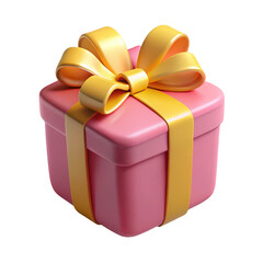 A vibrant pink gift box with a large golden yellow ribbon and bow symbolizing celebration and surprise isolated on transparent background