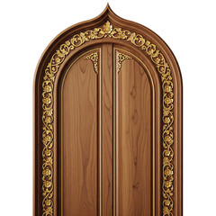 Ornate Wooden Door With Golden Floral Carvings Isolated On White Background For Architectural Designs