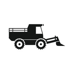 Fototapeta premium Stylized combine harvester in flat black silhouette clip art vector icon illustration on white background. Suitable for crop farming and agribusiness design.