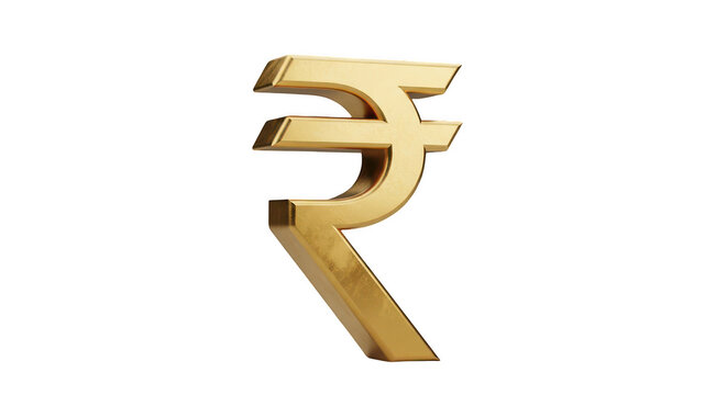 Golden indian rupee currency symbol rendered in 3d with metallic sheen isolated on transparent background