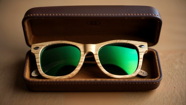 Wooden framed sunglasses with green mirrored lenses in case