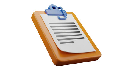 A realistic 3d render of a wooden clipboard holding a white paper with lines of text and a blue clip isolated on transparent background