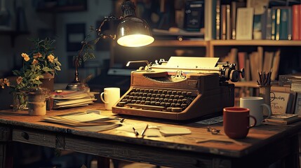 A vintage typewriter sits on a wooden desk in a dimly lit room.