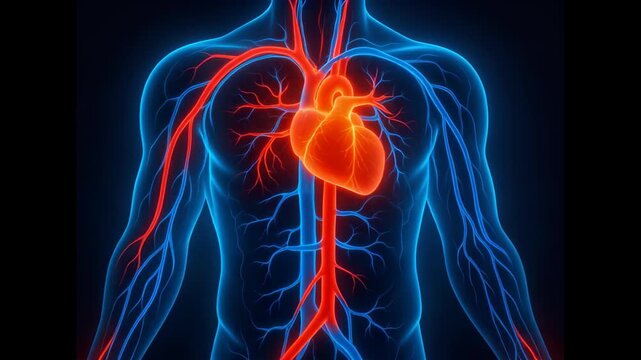 A detailed 3D animation illustrates the human circulatory system with a glowing heart and intricate blood vessels, showcasing vital blood flow.