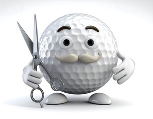 A golf ball character, anthropomorphized with arms, legs, a mustache, and holding scissors