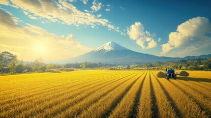 Fototapeta premium Snowy mountain backdrop over golden fields; tractor far away