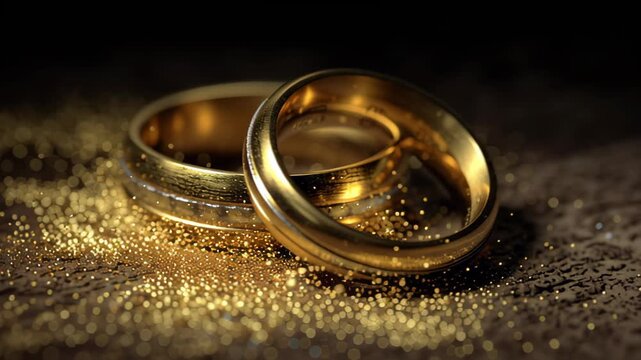 Gold wedding rings is on the gold dust surface.