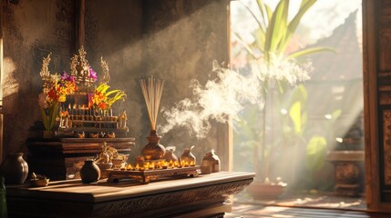 Sunlit interior scene with ornate wooden altar displaying burning incense, candles, and vibrant flowers; soft, hazy light streams through an open doorway revealing lush greenery beyond