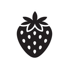 A black and white icon design illustration of a strawberry with seeds and leafy top