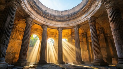 Sunbeams illuminating a circular ancient stone structure.