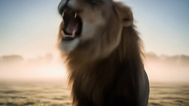 Lion roaring in morning fog with golden light for atmospheric nature video