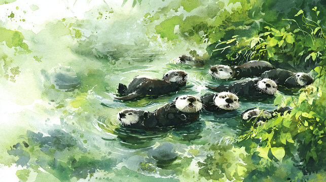 Playful watercolor otters floating on their backs