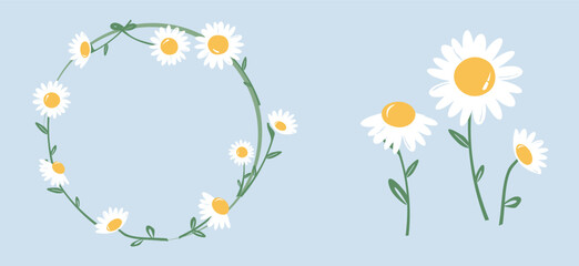 Set of hand drawn daisy chamomile flower with green leaves icon sign and daisy wreath sign on blue background vector.
