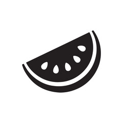 A black and white icon design illustration of a watermelon slice with seeds and rind lines