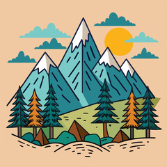 hand drawn mountain design. illustration of mountains and pine trees. 