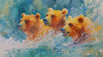 Watercolor bears fishing in a river