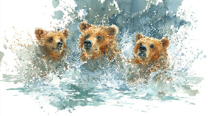 Three watercolor bears fishing in a river