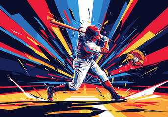 A dynamic, colorful illustration of a baseball player mid-swing, hitting the ball with explosive force against an abstract, energetic background.