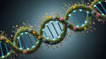 Organic dna helix intertwined with vibrant flowers and green leaves symbolizing natural life and growth