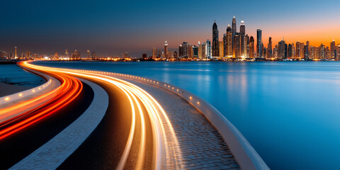A stunning long-exposure shot of a winding road with light trails leading towards a vibrant illuminated cityscape across calm water at dusk. Ideal for themes of urban life, travel, technology, and cit