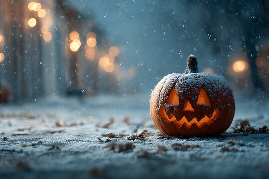 A jack-o'-lantern carved pumpkin during a snow fall during the fall. Concept: cold halloween. Snow fall during halloween - Powered by Adobe