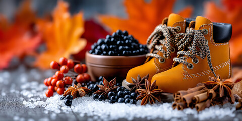 A pair of rustic brown boots surrounded by autumn leaves, black berries, star anise, cinnamon sticks, and scattered white salt crystals. Ideal for fall fashion, cozy, and natural themes