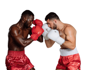 Two boxers in close combat, facing each other