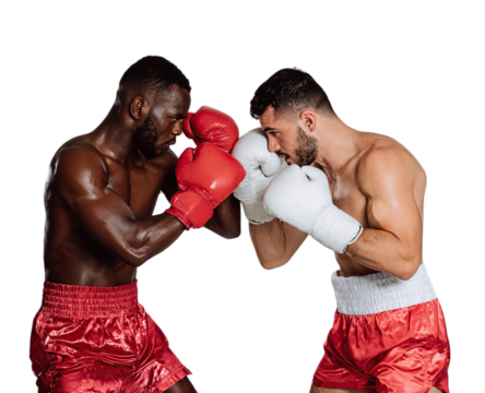 Two boxers in close combat, facing each other