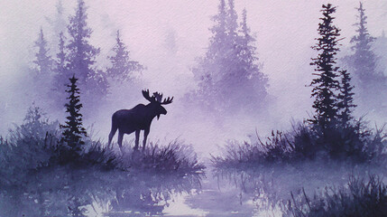 Moose in misty foggy swamp watercolor painting