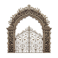 Ornate Floral Metal Gate With Stone Archway On White Background Illustration