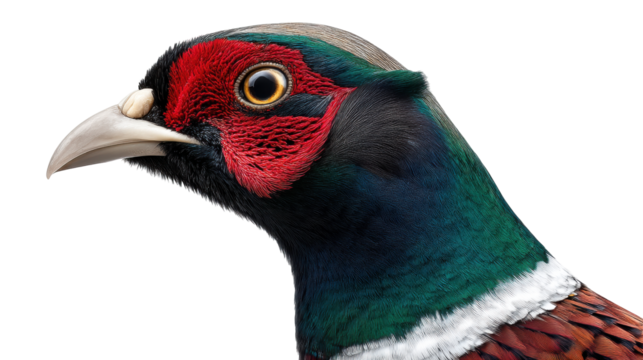 Colorful pheasant bird isolated transparent background with detailed feathers and bright red face