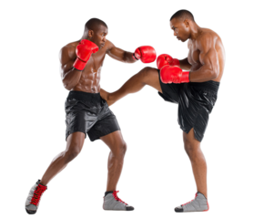 Two boxers in action, one delivering a high kick