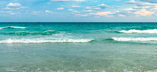 Romantic summer vacation at seascape. Sunset sea and seascape. Sea horizon view. Cloudy sky and seascape at summer vacation. Skyscape with sea horizon. Calm horizon with sea nature. Horizon at sunset