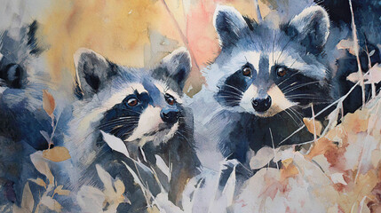 Watercolor raccoons in forest clearing
