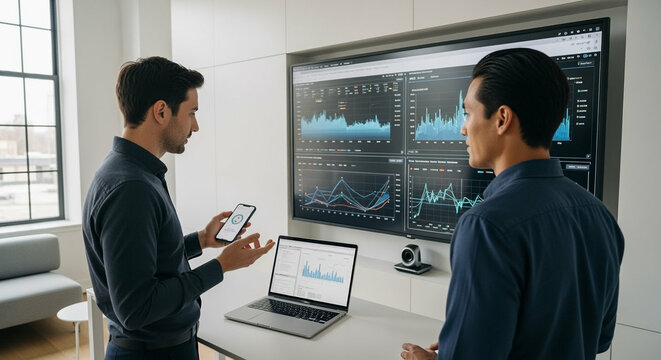 Two colleagues analyze financial data displayed on a large screen and laptop, discussing market trends and strategies using a smartphone.