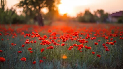 Obraz premium A vibrant sunset field adorned with red poppy flowers, bathed in warm golden light.