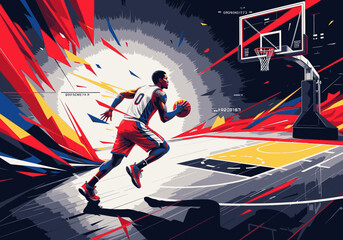 An athletic basketball player in a vibrant, abstract illustration, dribbling with explosive energy towards the net.