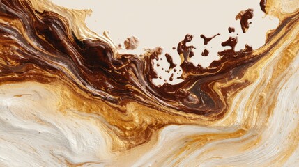 Swirling patterns of brown and gold merge on a light canvas, showcasing the beauty of abstract fluid art. The rich colors create a dynamic and captivating visual experience.