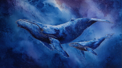 Whale and calf swimming in watercolor ocean